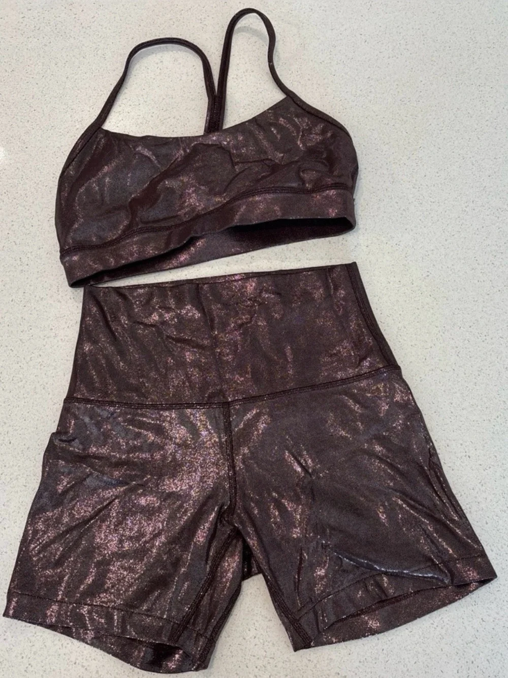Rare ALO Yoga Metallic Brown Shimmer Sports Bra & High-Waist Shorts Set